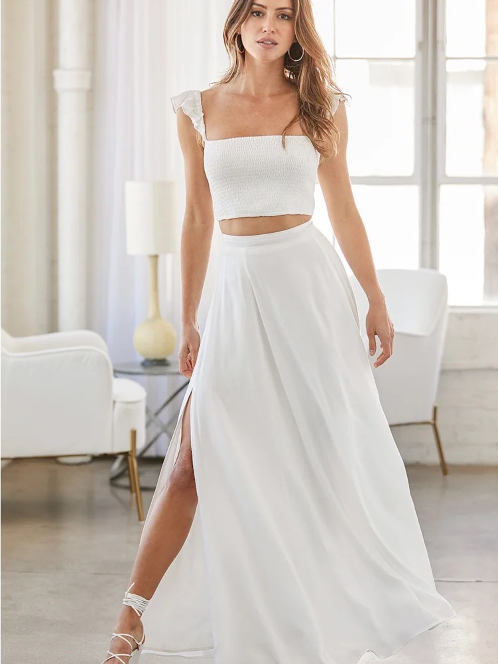 Lulu's White Flowing Maxi Skirt with Side Slit